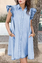 Light blue denim dress with ruffled cap sleeves and button-front design perfect as a sleeve denim dress