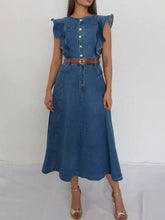 A blue denim dress with ruffled button cap sleeves and a brown leather belt offering a soft feel and midi length