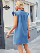 Blue denim dress with ruffled short cap sleeves and collar made from denim fabric machine wash cold care instructions