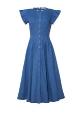 Blue denim dress with ruffled cap sleeves and a flared midi skirt ideal for casual wear