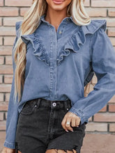 Ruffled Collared Neck Long Sleeve Denim Top Woman Denim Tops