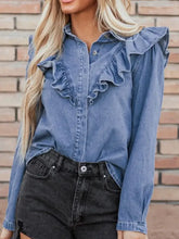 Ruffled Collared Neck Long Sleeve Denim Top Woman Denim Tops