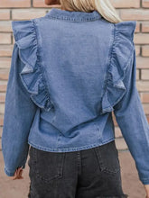Ruffled Collared Neck Long Sleeve Denim Top Woman Denim Tops