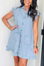 Light blue ruffled edge collared shift denim dress with front button closure and two patch pockets ideal for machine wash cold