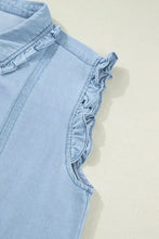 Light blue denim dress with ruffled edge collared design and delicate ruffle sleeve edges machine wash cold
