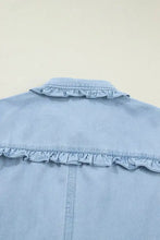 Light blue denim dress with ruffled edge collared shift design and delicate ruffled collar and hem machine wash cold