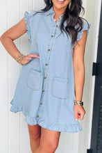 Light blue denim dress with ruffled edge collared sleeves and hem, front button closure, patch pockets, machine wash cold