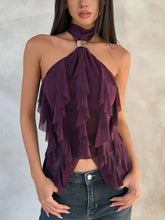 Purple ruffled halter neck cami with metallic clasp at neckline featuring a stylish ruffled halter neck design