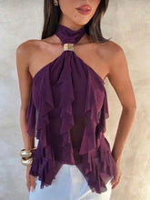 Deep purple ruffled halter neck cami with layered ruffles and gold-toned metallic clasp at the neckline