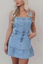 Light blue strapless denim dress with button front and ruffled hem featuring square neck denim design