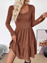Cozy brown ribbed Ruffled Hem Long Sleeve Knit Dress with square neckline