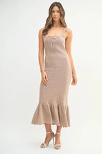 Ruffled Hem Sleeveless Crochet Knit Midi Dress in Tan