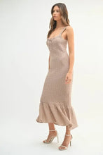 Ruffled Hem Sleeveless Crochet Knit Midi Dress in Tan Woman Sweater Dresses