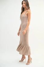 Ruffled Hem Sleeveless Crochet Knit Midi Dress in Tan