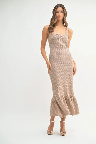 Ruffled Hem Sleeveless Crochet Knit Midi Dress in Tan Mocha