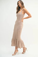 Ruffled Hem Sleeveless Crochet Knit Midi Dress in Tan