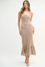 Tan ruffled hem sleeveless crochet knit midi dress