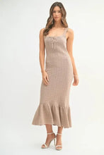 Tan ruffled hem sleeveless crochet knit midi dress