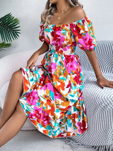 Ruffled Hem Smocked Floral Short Sleeve Midi Dress Woman Casual Dress