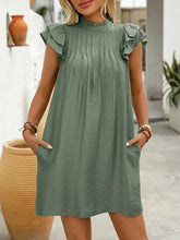 Ruffled Mock Neck Cap Sleeve Mini Dress Moss Casual Dresses