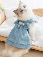 Light blue ruffled pet dress with sleeves, pocket, product measurements