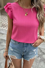 Vibrant pink ribbed cotton ruffled round neck blouse with cap sleeves ideal for stylish casual wear