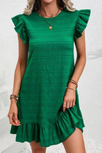 Ruffled Round Neck Cap Sleeve Dress Dark Green Casual Dresses