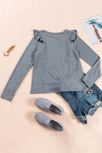 Gray ruffled round neck long sleeve T-shirt with ruffled shoulders