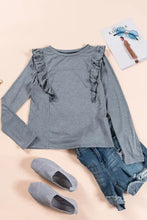 Gray ruffled round neck long sleeve T-shirt