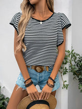 Ruffled Round Neck Striped Knit Top with Flutter Sleeves for Women Black