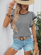 Ruffled Round Neck Striped Knit Top with Flutter Sleeves for Women