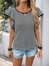 Ruffled Round Neck Striped Knit Top with Flutter Sleeves for Women