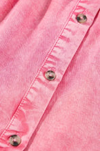 Pink denim mini dress with ruffled short sleeves and silver buttons made of soft denim material
