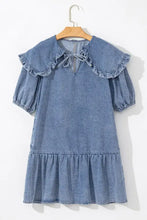 Denim mini dress with wide ruffled collar short puffed sleeves and side pockets in blue denim fabric