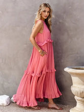Ruffled sleeveless tiered maxi dress in coral pink with pockets