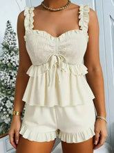 Ruffled smocked cami and shorts set in cream with ruffles