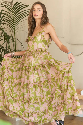 Ruffled Tiered Scoop Neck Cami Floral Maxi Dress MAUVE SAGE COMBO