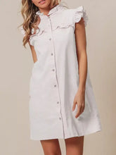 White cotton denim dress with ruffled trim collar and short sleeves machine wash cold for casual wear