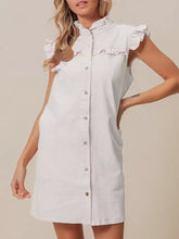 White sleeveless denim dress with ruffled trim collar and shoulder details machine wash cold design
