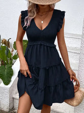 Ruffled V-Neck Cap Sleeve Dress Dark Blue Casual Dresses