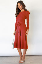 Rust Knit Midi Sweater Dress with Belt and Long Sleeves