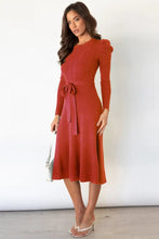Rust Knit Midi Sweater Dress with Belt and Long Sleeves Woman Sweater Dresses
