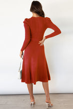 Rust Knit Midi Sweater Dress with Belt and Long Sleeves