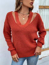 Rust Knit V-Neck Sweater with Cutout and Moderate Stretch Sweater Pullovers