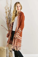 Rust long Aztec border cardigan with fringe hem for women