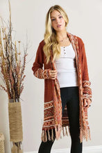 Rust Long Aztec Border Cardigan with Fringe Hem for Women