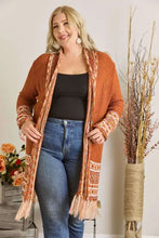 Rust Long Aztec Border Cardigan with Fringe Hem for Women