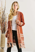 Rust long Aztec border cardigan with fringe hem for women