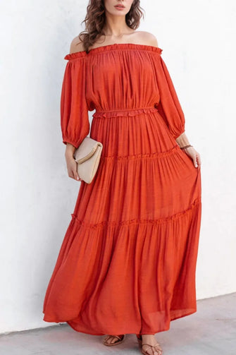Off the Shoulder Tiered Orange Maxi Dress Orange-Red