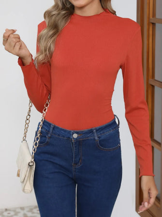 Rust Orange Ribbed Long Sleeve Top with Blue Jeans for Women Orange-Red
